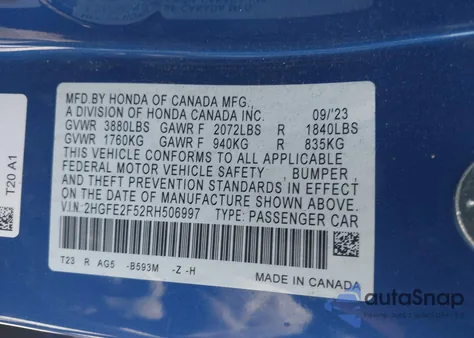 2024 Honda Civic Sport z USA, uszkodzony, nr VIN 2HGFE2F52RH506997